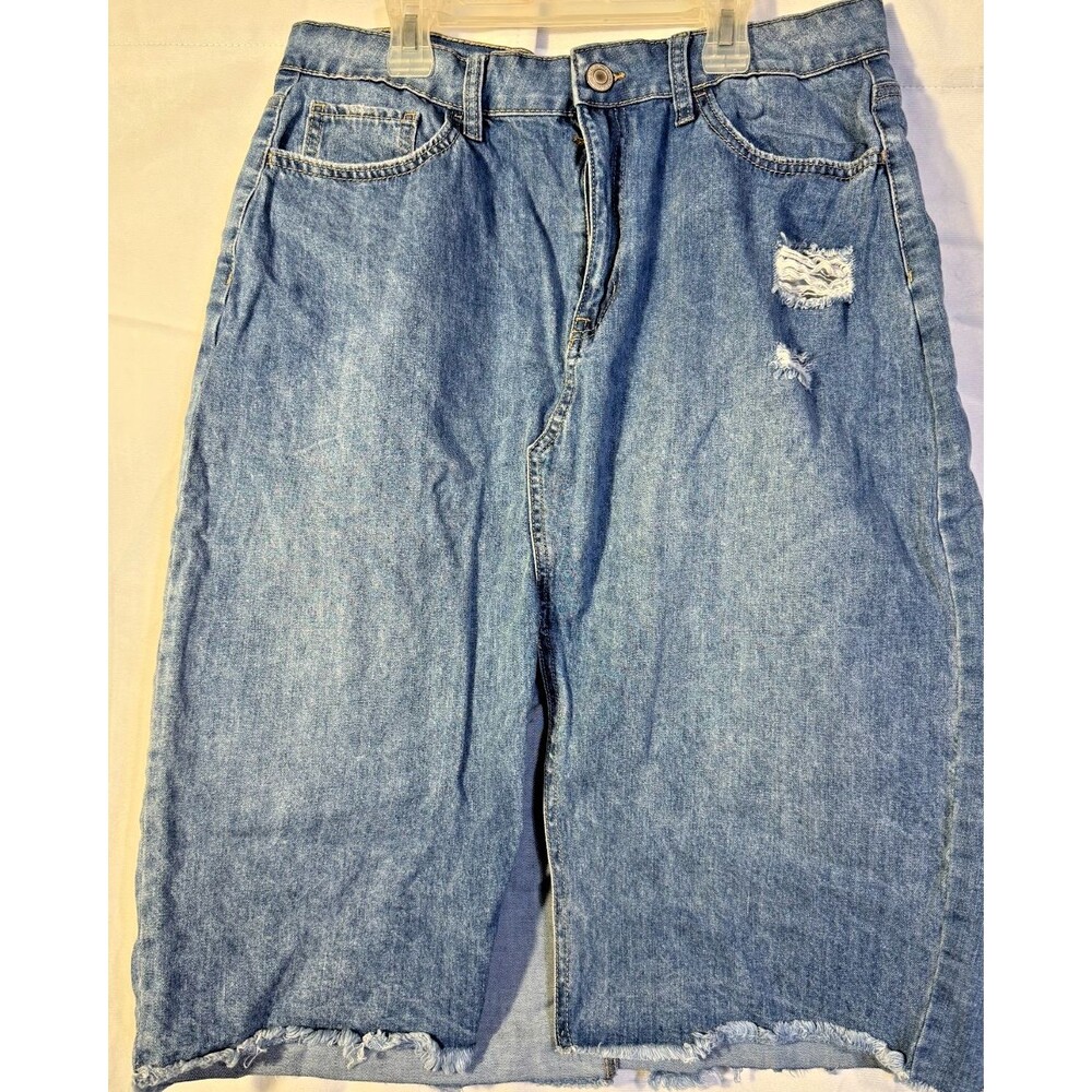 Midi Front Slit Sexy Denim Jean Skirt Women's Juniors XL 17 Stretch Coastal Boho